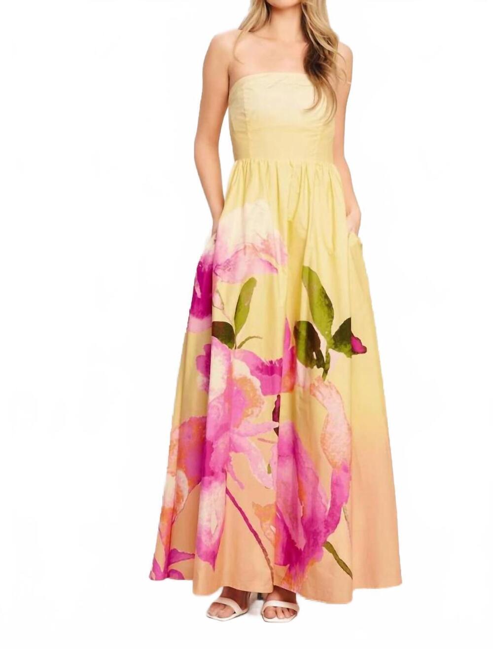 NEW FLYING TOMATO strapless floral maxi dress in pink/yellow
